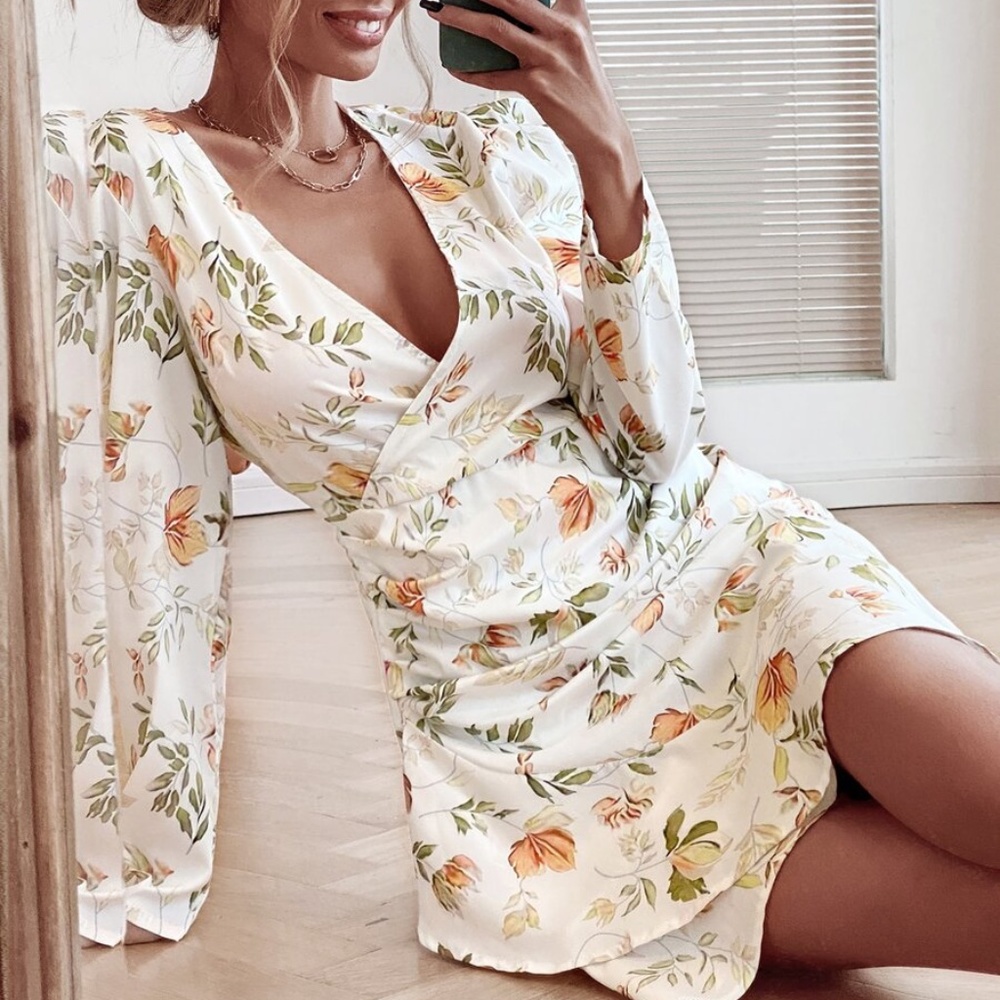 boho floral print wrap ruffle hem A line dress